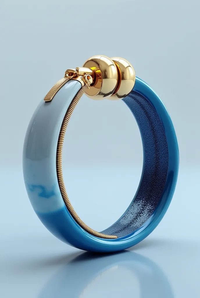 A modern 3D bracelet with a connected ring, made of coated brass, inspired by the shape of a zipper. The bracelet features an elegant touch with shades of blue and white, reflecting a soft shine like raindrops, adding a unique sense of contemporary sophist...