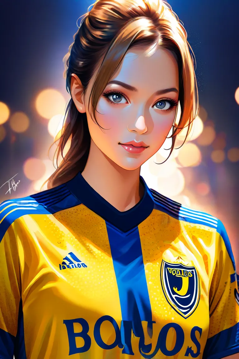 A highly detailed and well-rendered image of a young woman wearing a Boca Juniors jersey. The jersey should be authentic, featuring the team's signature blue and yellow colors with realistic fabric texture and design. The girl should have a confident and n...