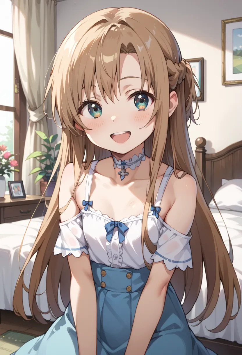 ((TOP QUALITY)), ((masterpiece)), (be familiar with),  perfect face, indoors, bedroom, watching viewers,
One woman, Asuna Yuki,
open mouth, ecstatic expression, blush, smile,
 small tits,  flat chest, Young girl,  lori,  ,  girl,
 long hair, long hair,
 op...