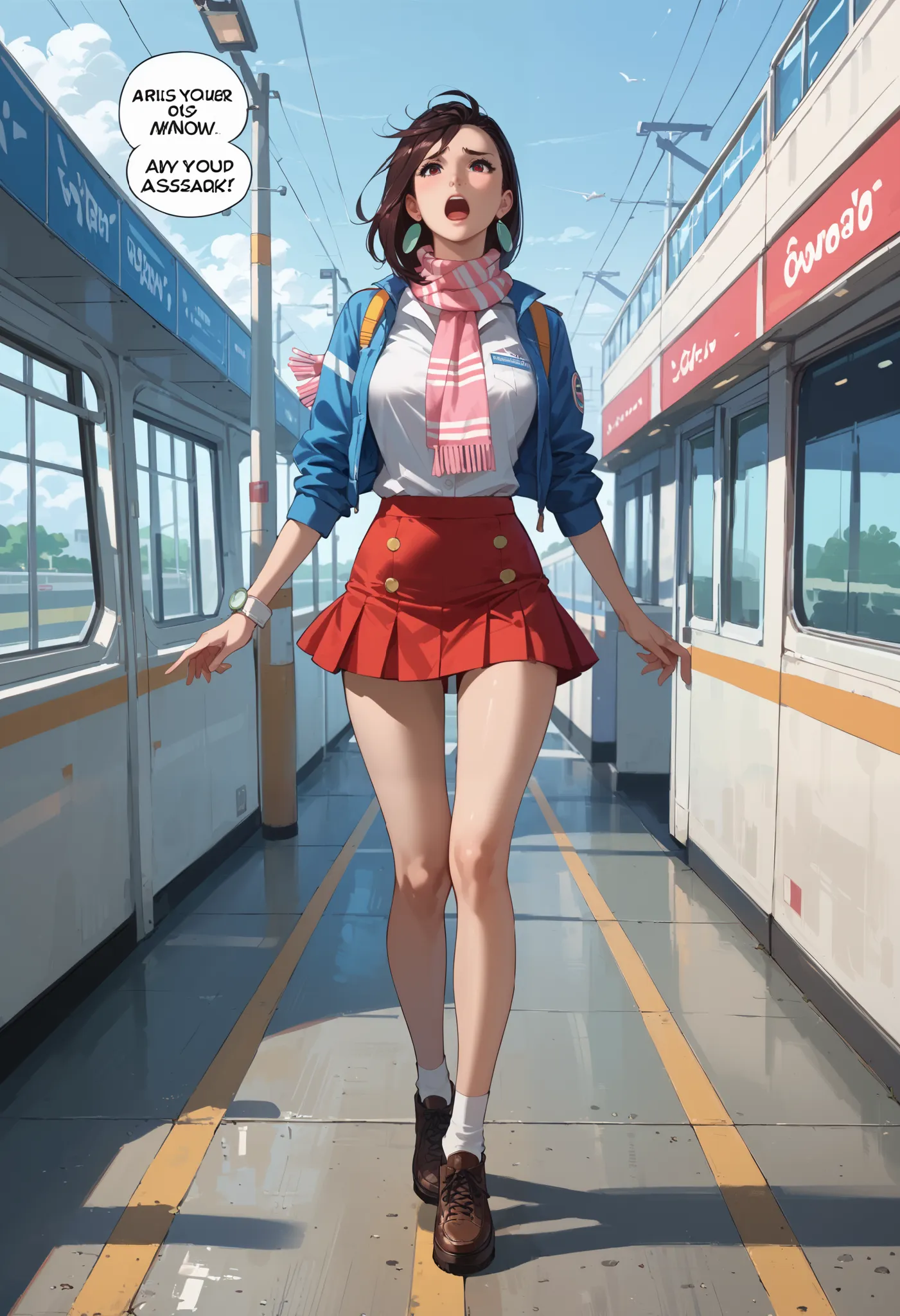 rape, 18-year-old Ayase Momo in a stewardess costume walking along the airport runway, short skirt, bright scarf around her neck, loud onomatopoeic speech, full-length front view