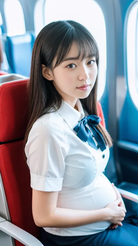 masterpiece, Best Quality, 8K,looking at the viewer,Japanese Lady,20 years old, huge pregnant, Voluptuous, in the airliner background, shoulder length hair with fringe, proper black stewardess uniform, sitting 