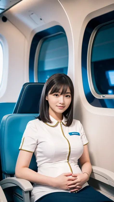 masterpiece, Best Quality, 8K,looking at the viewer,Japanese Lady,20 years old, huge pregnant, Voluptuous, in the airliner background, shoulder length hair with fringe, proper black stewardess uniform, sitting 