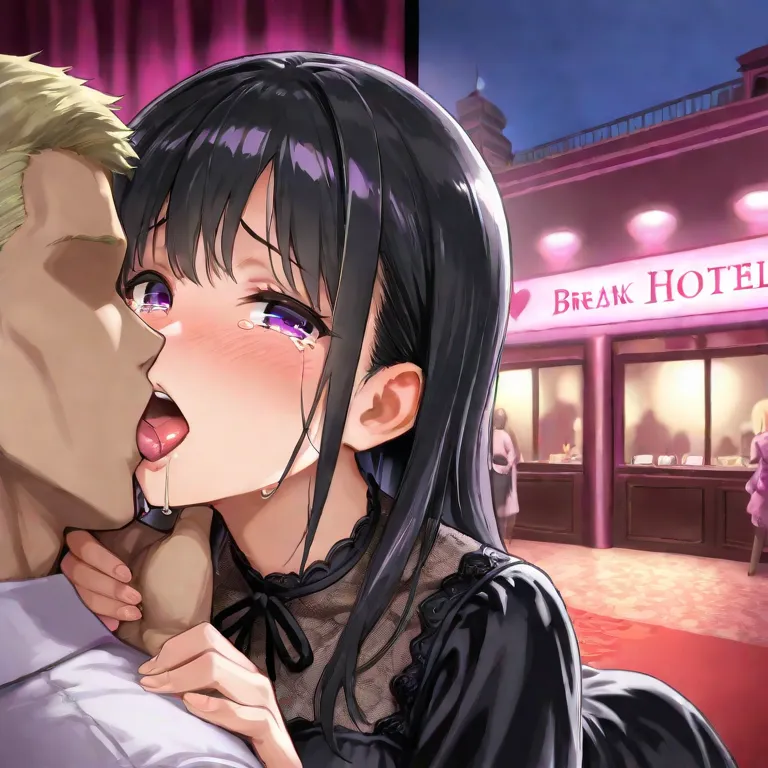  one girl, Cool Girl, Black hair,Purple eyes,tears,Black Dress, 　BREAK: One Faceless Man,Blonde, BREAK Open eyes,Love hotel,Immoral atmosphere,Forced kiss, Deep Kiss,tongue,profile,[ netorare:1.5],Grab the chin,Looking at View,