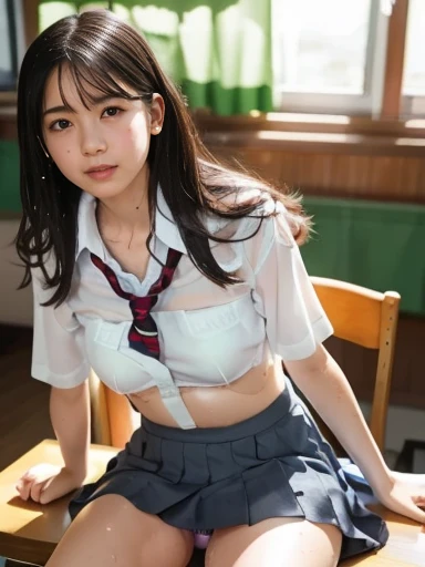 Junior high school students, Student Uniform,((())),No makeup,High resolution,Professional photography,High resolution,Small breasts,,slim, Lie on your back on a desk in the classroom, Please open your legs and show me your underwear, Fearful expression, T...