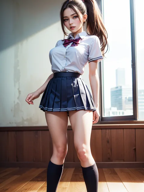 young girl, Best quality, masterpiece, ultra high res, (Authentic skin texture:1.3), (Highly detailed beautiful faces), Amazing faces and the most eye-catching qualities:1.4), full body, amazing face and eyes, a pink eyes, (tight high school school uniform...