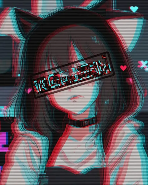 identity censor, scan line, VHS texture, censored, chromatic aberration, heart, short hair, cat ears hoodie, girl, choker, cursor, glitch, crt effect, glitch effect, paw pose,    . keep out(caution tape), cross mark, error message, (masterpiece, best quali...