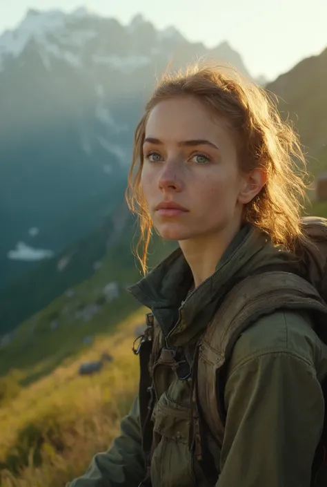 Arsmoviestill, SHOT FROM AN INDEPENDENT film of the 1990s, 20-year-old woman, close-up, hiking clothes, mountainous terrain, beautiful landscape in the background, nature of the mountain, golden hour