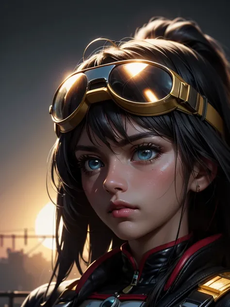 8k, masterpiece, highest quality, Korea's Beautiful Women, close-up portrait, vintage pilot goggles, orange and gold tones, dreamy expression, soft lighting, detailed skin texture, retro-futuristic, nostalgic atmosphere, sun-kissed, artistic rendering, dig...