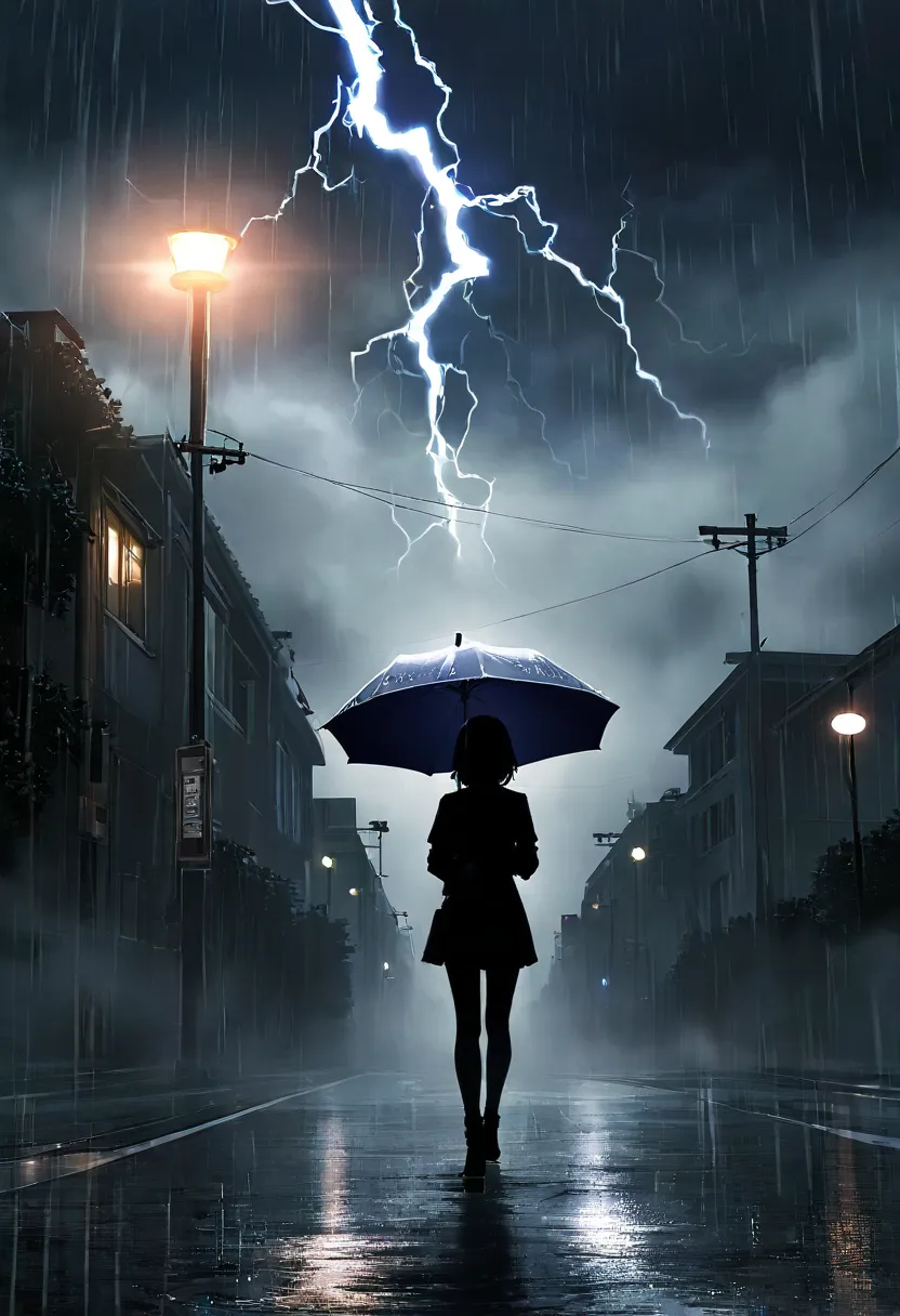 「masterpiece、 Best Quality、 Amazing Quality 」 Dark night dusk street lights under rainy sky with thin and long lightning storm in thick fog, a girl holding an umbrella on the back silhouette silhouette effect HD「Super Detail、realistic」