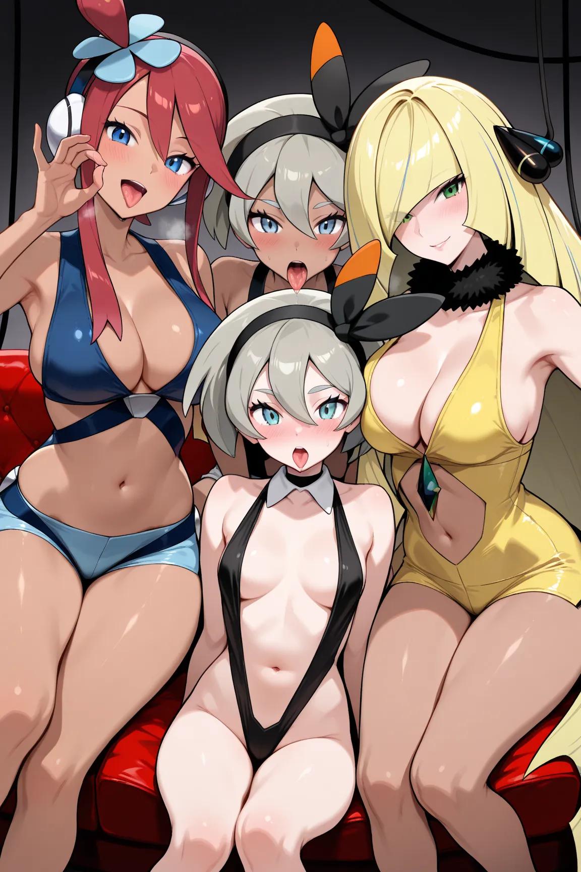 masterpiece,best quality,4girls,(bea \(pokemon\),blue eyes, dark skin, dark-skinned female, grey hair, hair between eyes, short hair, ribbon, hair ribbon, hairband, black ribbon, black hairband),(cynthia \(pokemon\),hair_over_one_eye, large_breasts, cleava...