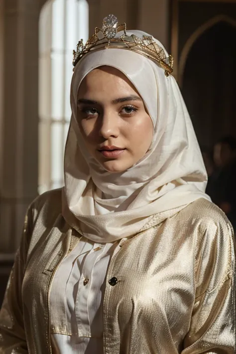 A 23-year-old queen wears immaculate clothes,wearing a hijab and wearing a crown