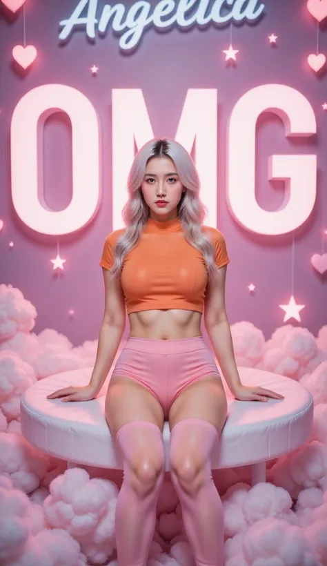 ( A picture of a beautiful Korean girl with long white curly hair . , and she's looking at that big name "Angelica ". She's wearing an orange and orange top and pink ka-high pants. is sitting behind a big , vivid 3D rendered name "omg" Use cute , . with or...