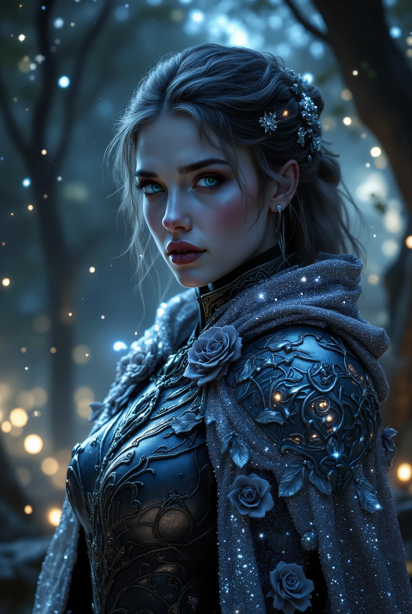 Beautiful wallpaper, fantasy style, Beautiful Girl, with Beautiful hairstyle and hair glitter, sparkling rose-patterned plate armor, Hand painting, A beautiful bright silver-pollinated cloak with dark blue color glows, night sky, Beautiful stars, mystical ...