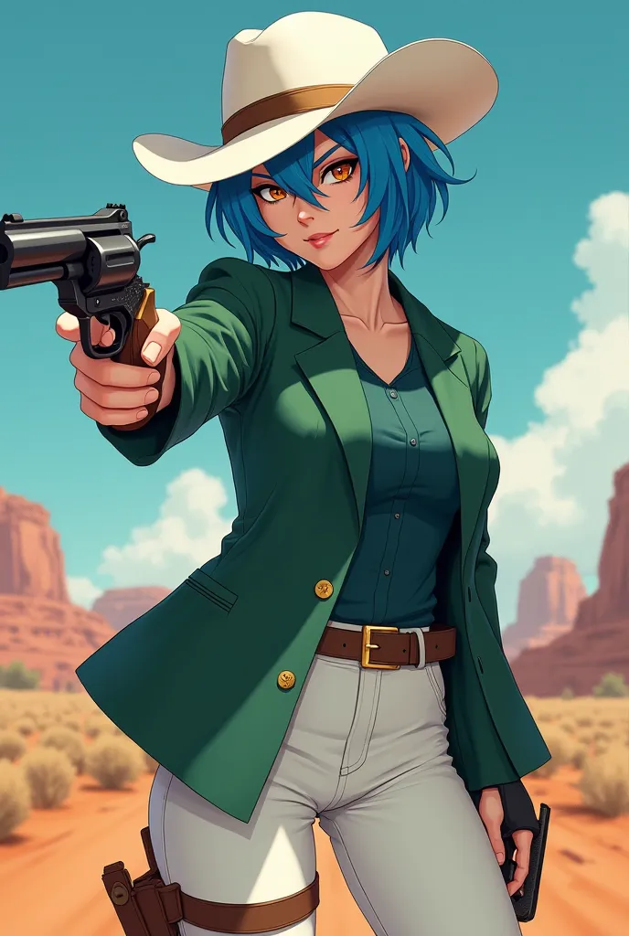 Anime style, wearing outback hat that is white and a green dark suit and white pants, a woman is wearing them with blue hair with a revolver in her hand