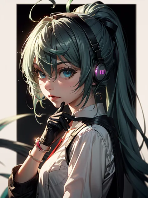  1 girl,   Hatsune Miku,  general ,Sluisap,Sakimistyle,748cmstyle,dark gothic,  vocaloid, gloves for legs only,  petals, Alone, length_hair, chest, black_ gloves for legs only, hair_ between_eye, , accurately _in_viewer, white_ shirt,  shirt, 前hair, hand_u...