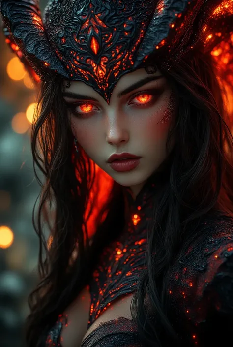 (Lilith). Pino Deni, Jeremy Mann, Greg Rutkovsky, (realistic portrait of Lilith Queen Demons) young, lush, tall woman with long dark hair and red eyes, 8k, a beautiful young woman, a magnificent woman with long dark hair and red soft eyes, black and golden...