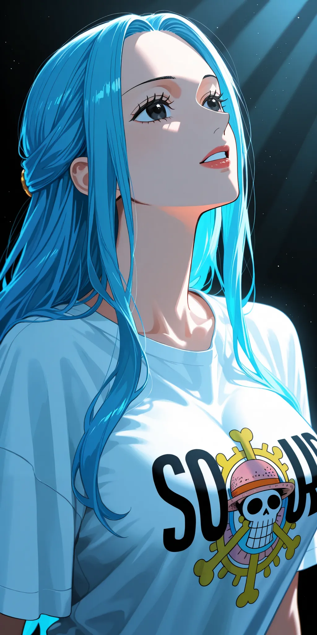 masterpiece, high score, great score, absurdres, close-up, upper body, beautiful woman, Nefertari Vivi, one piece, blue hair, long hair, beautiful black eyes, oversized t-shirt, simple background, vivid colors, volumetric lighting, soft lighting, facing up...