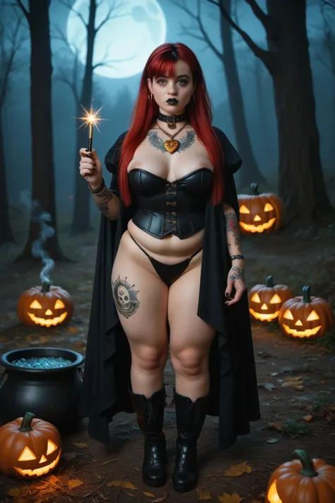 (goth girl), Gwen Tennyson,marker,bulma,Rebecca Chambers, (SHORT GIRL:1.5) ,1 girl,, Outside, witch costume ,gold neck jewelry,Body Tattoos, VERY LONG HAIR, PARTED BANGS, pumpkin village, PARTED BANGS, PANTIES THONG, , Thick GOLDEN leather HEART belt, Cere...