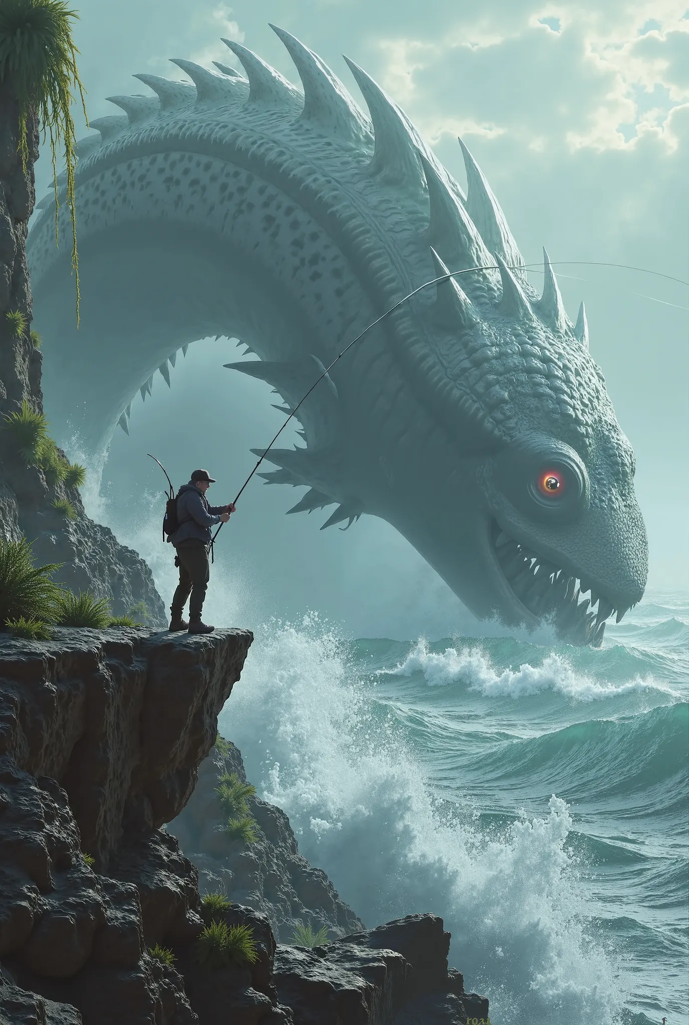 Angler on cliff catching giant sea monster