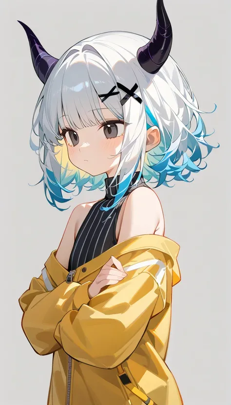 1 cute young girl, long light blue hair, jellyfish hair, black eyes, bangs to the sides, light yellow inner hair, expressionless face, (gray background, simple background), upper body, masterpiece, best quality, standing with arms crossed, black turtleneck...