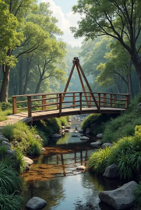 Une petite passerelle en bois pour piéton qui traverse un ruisseau elle a des supports sous forme de triangle en métal