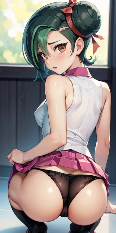  1 female,high definition,dementia,  ultra-realistic  ,8K,hmkotori, Short Hair,  multicolored hair, unique hair bun, hair band,  sleeveless shirt, falda rosa, Skinny skirt  ,  miniskirt, pleated skirt ,European,sexy,Close-up of the upper body,  photographe...