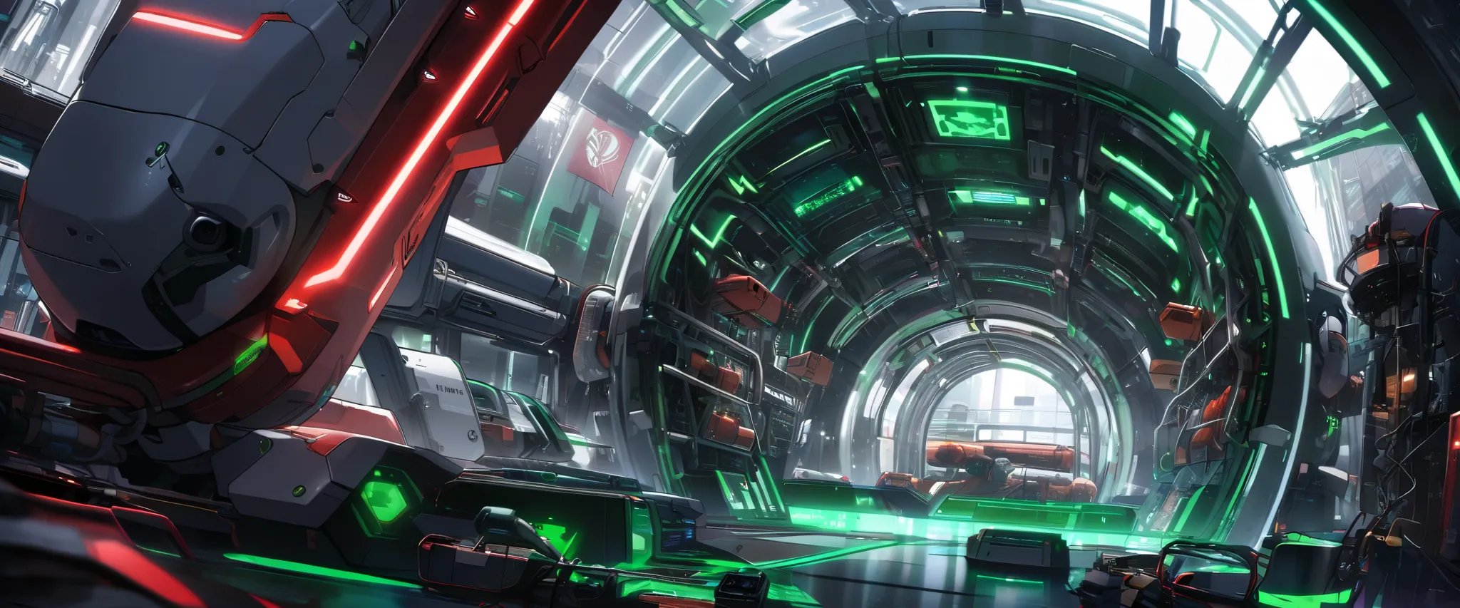 scifi capsule pod green glowing in the middle of a red large lab, akira, ghost in the shell theme, 