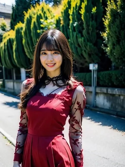 one woman,(super tight clothes,red lace long dress),whole body,(:1.8),cute face,bangs,from front,looking at viewer,outdoor,public park,field,japanese