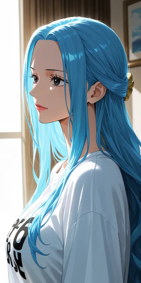 masterpiece, high score, great score, absurdres, close-up, beautiful woman, Nefertari Vivi, one piece, blue hair, long hair, beautiful black eyes, oversized t-shirt, simple background, vivid colors, volumetric lighting, soft lighting, side view 