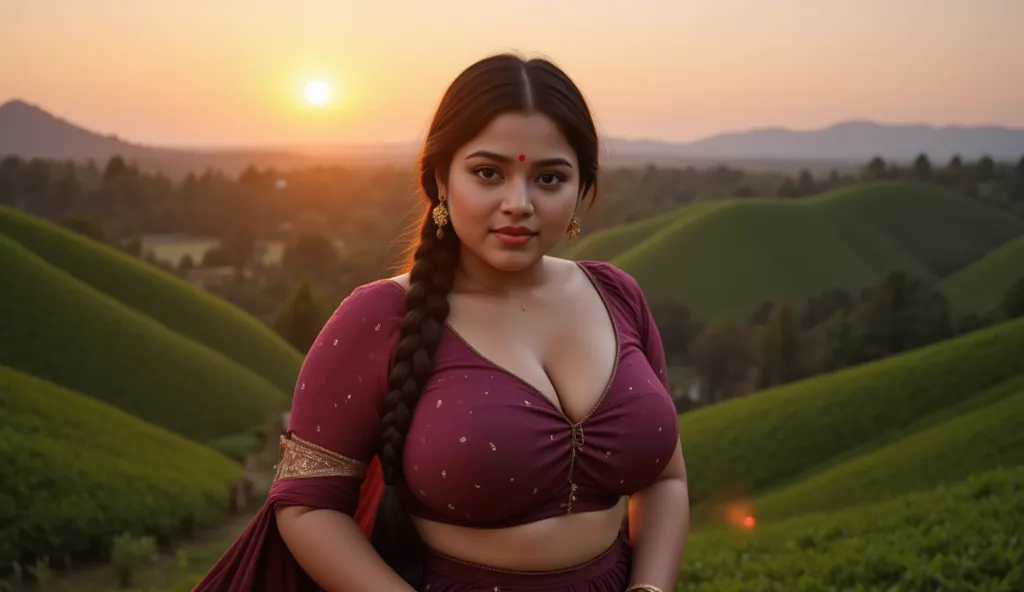  indian 45 year old chubby woman is wearing a silk 
saree , sunrise over rolling green hills , front closer tight blouse, big Deep cleavage, plus size body, big sexy chest, big ,detailed body and face, big bright eyes, charming, sexy, perfect anatomy, brai...