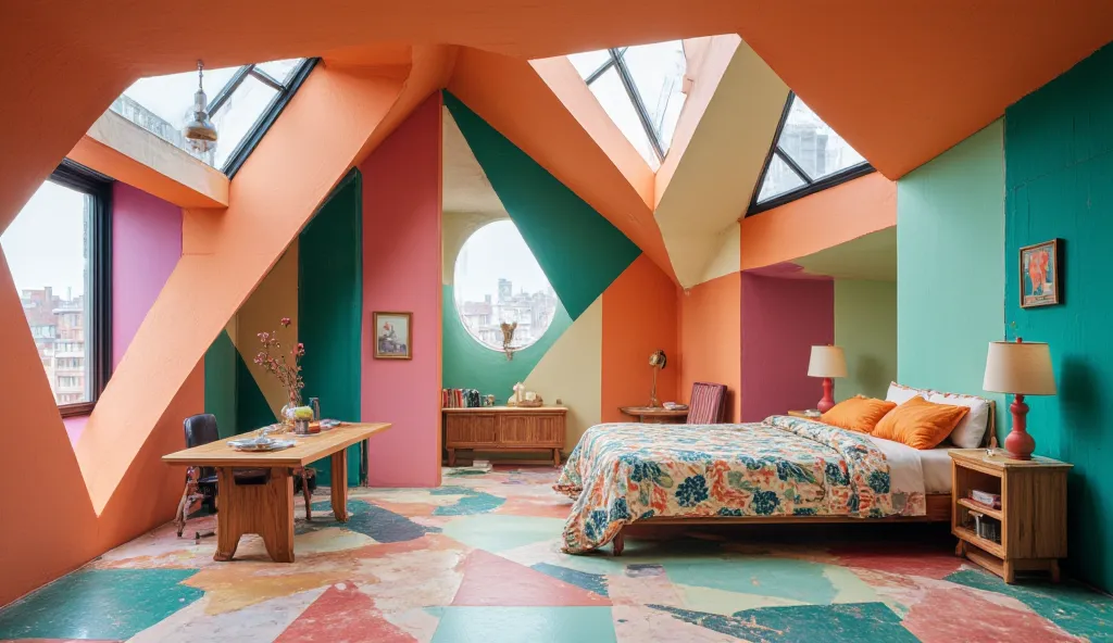 Inside the cubist house, every element is fragmented into angular, geometric shapes. The walls are a collage of intersecting planes in shades of orange, teal, and magenta, with abstract patterns and forms breaking the space into multiple perspectives. Furn...