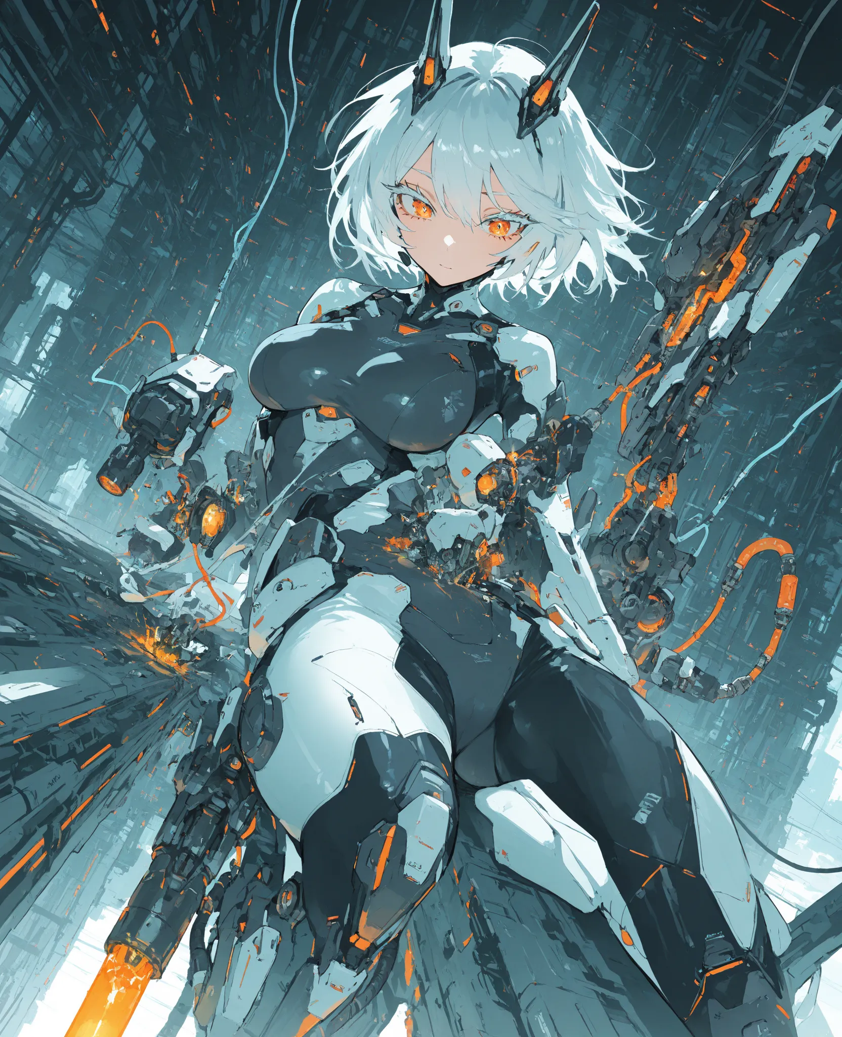 (masterpiece, amazing quality, illustration, very awa, newest, absurdres) BREAK,
1girl, thick eyelashes, dynamic angle, mechanical, bodysuit, orange eyes, cybernetics, BREAK,
volumetric natural lighting, scenery 