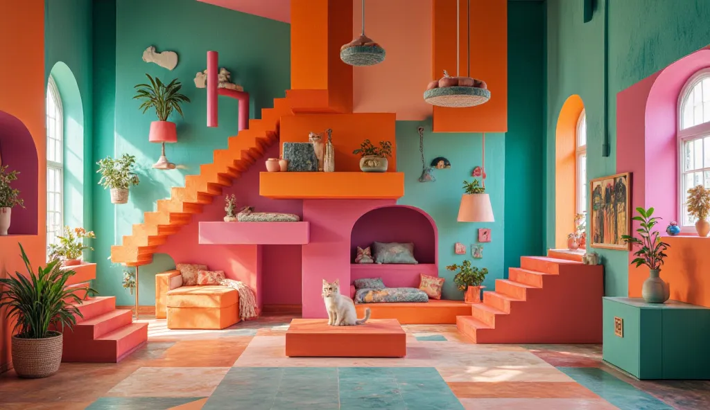 The cubist-inspired home for the cat is a chaotic blend of angular platforms and geometric shapes in bold colors like orange, teal, and magenta. Elevated surfaces are fragmented, forming unexpected angles, while cubist-style scratching posts and beds are p...