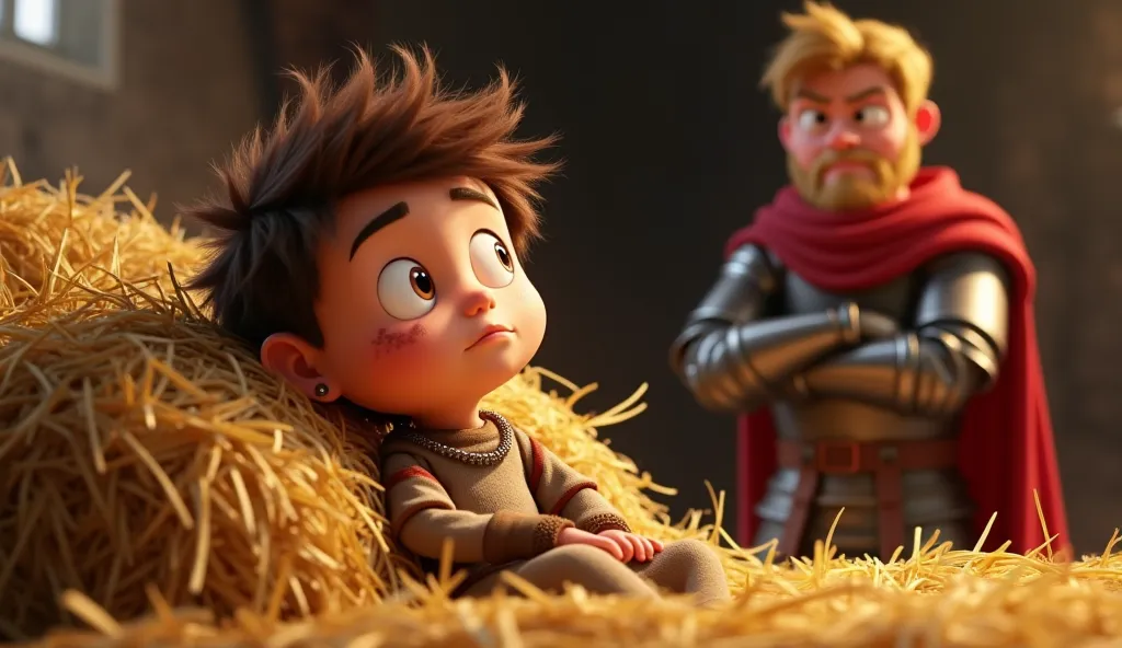 3D cartoon style A close-up of the pile of hay serving as a bed. young page boy, around , with messy brown hair and wearing a tattered tunic,  sits up groggily, straw sticking to his hair. The A stern, muscular man with a scar across his cheek, wearing arm...