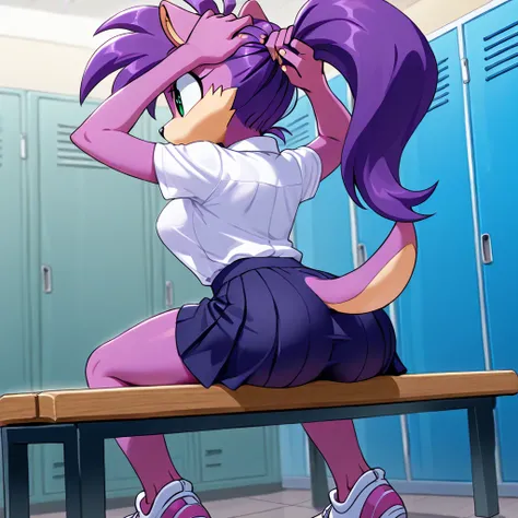 a purple haired girl sitting on a bench in a cartoon style, 1girl, solo, locker room, ass, locker, purple hair, green eyes, furry female, bench, tail, furry, sitting, breasts, ponytail, tying hair, skirt, long hair, shirt, from behind, body fur, shoes Mina...