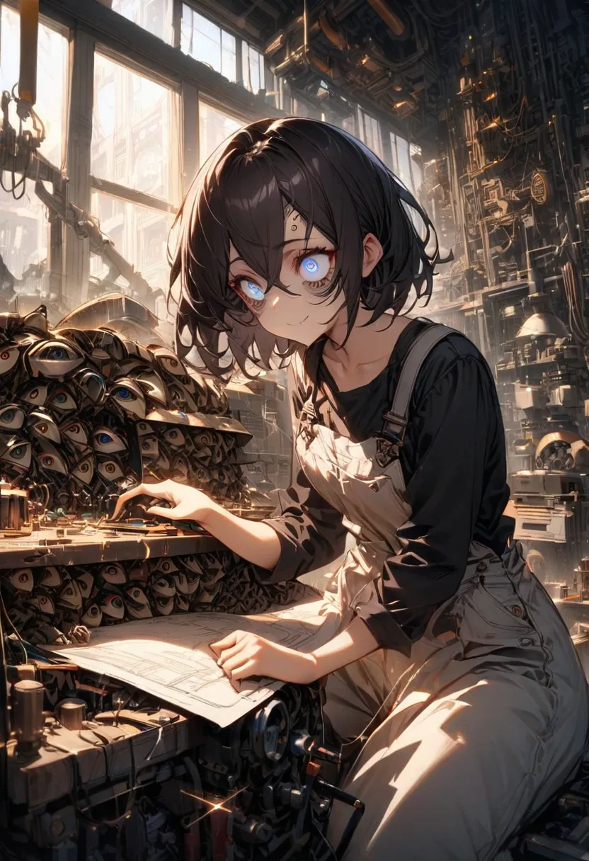 (((evil_eye_sigma)))(((((too_many_eyes )))))
[:prompt by Claude 3 Sonnet:999]
A young girl with a bright, eager expression is sitting at a workbench, completely absorbed in the task of assembling a small robot. Her delicate hands deftly manipulate tiny gea...