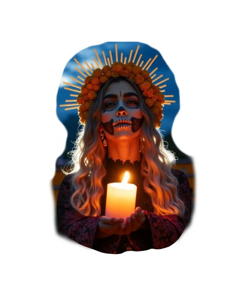 woman with a sugar skull painted on her face holding a lit candle in front of her