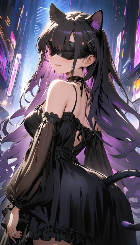 32k, best quality, ultra high res, HDR, UHD, extremely detailed CG, unity 32k wallpaper, ( girl), cute ruffled negligee, black hair, (Purple hair), very long hair, (poney tail), ((butt close up)), (cyberpunk background), (peek from below), (blindfold:1.3),...