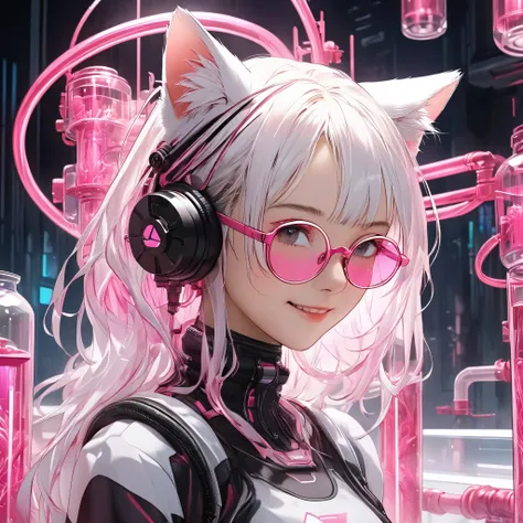 Imaginative、 complex illustration in cyberpunk surreal art style emerging from a large transparent culture tank , Appeared from a large transparent culture tank、 An ether machine girl bust with translucent white short hair and black cat ears that emerged f...