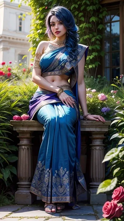 perfect face, cute girl, big breasts, blue hair, purple half saree, naked sitting on a blue marble chair, garden with lots of roses