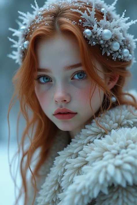 Make me a picture of a girl with reddish-brown hair that is not visible from her appearance to her hair and back and her hair has ice crystals and the place around her is also full of snow