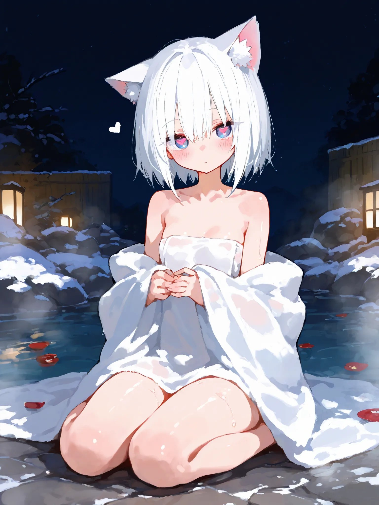 (best quality), best resolution, polished, detailed, full body, hot spring, 1girl, catgirl, beautiful girl, in blanket, sitting, small breasts, white hair, short hair, hearts in eyes, detailed eyes, 4k, shiny, 748cmstyle,