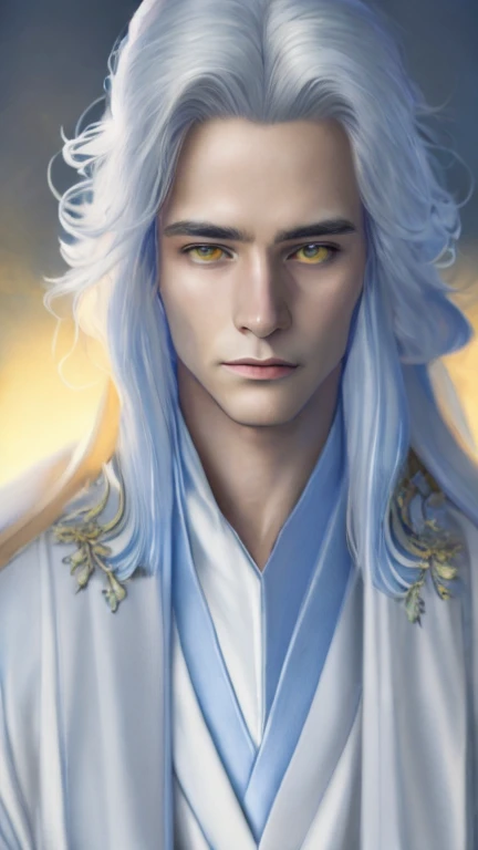 Make a realistic portrait of a blue-skinned Arcturian Being. He has beautiful yellow eyes. He has white hair and dresses in a shimmering white robe.