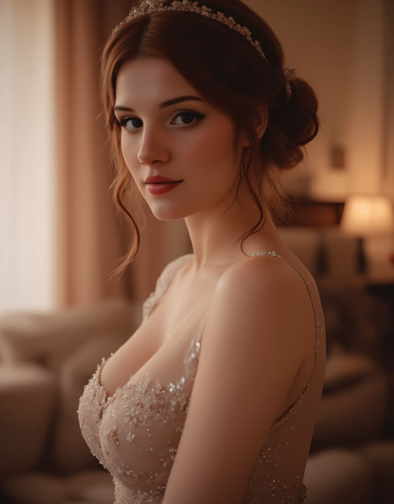 madikat, photorealistic, raw, film photo, red lipstick, standing in a hotel room, wearing a wedding dress, seductive