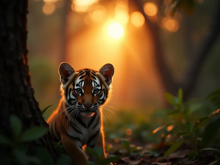 cinematic film still sunset light, arc light, jungle, nature landscapes, a smooth and cute tiger cub poking its head out, mysterious forest, looking at the camera, close-up, sony lens, animal photography, jungle landscapes in South America, super high reso...