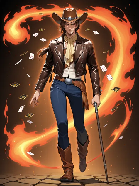 fusion of irvine from final fantasy 8 and gambit from x men, male, thin beard, leather jacket, semi cowboy hat, long brown tied hair, one hand holding a long stick, full body portrait, pov from the side, with floating cards each of them surrounded by fiery...