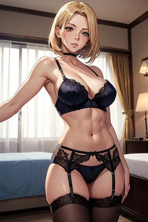 anime girl, femme fatale Kate Beckinsale, short blonde hair, in hotel room, posing seductively, in lingerie, in lace panties and garter belt, cleavage, sexy abs, stockings, anime style

