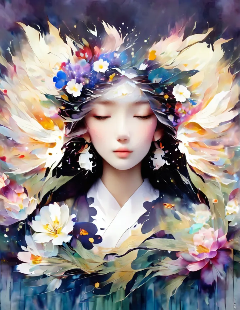  stained glass、 portraits、Beautiful Goddess、Amaterasu、 kimono、 closed eyes,  Gorgeous Hair Ornaments 、Paper cutting、