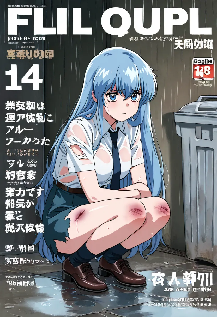   magazine cover (  masterpiece,   high quality :1.2),, Cheonjo-in Katsura，Blue Hair，Full body injury，Prisoners of War，Painful（（（ Eyes are fragile））） Wet（（ torn clothes,））， wet floor  ，rain（Lots of trash in the corner，dustbin）（  HD）