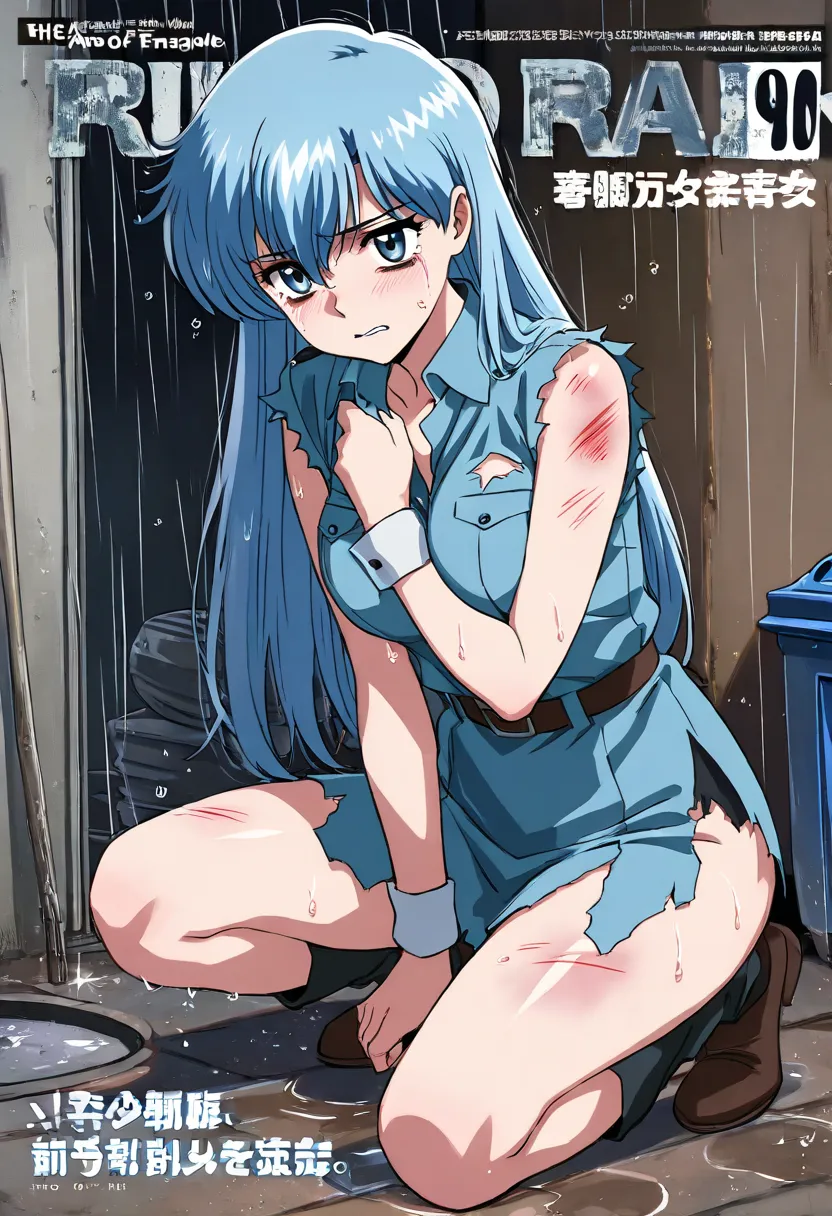   magazine cover (  masterpiece,   high quality :1.2),, Cheonjo-in Katsura，Blue Hair，Full body injury，Prisoners of War，Painful（（（ Eyes are fragile））） Wet（（ torn clothes,））， wet floor  ，rain（Lots of trash in the corner，dustbin）（  HD）